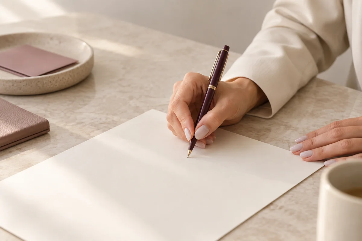 A hand with a plum pen signing ivory paper on a softly lit desk